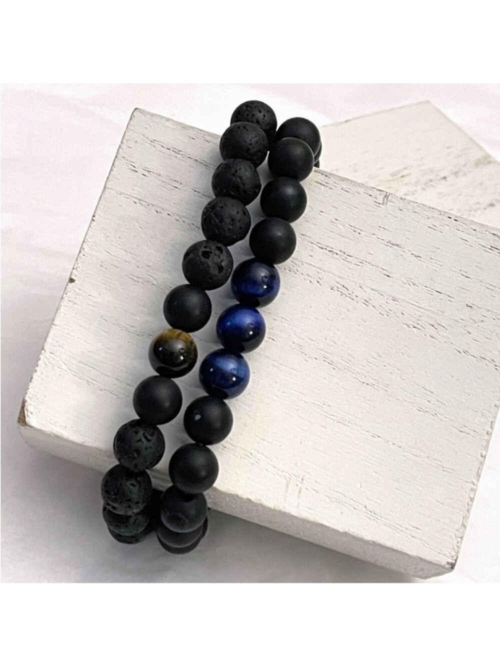 Hamoery Black Bracelets with Lava Stone, Tiger Eye & Agate Set of 2